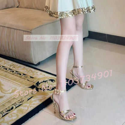 Metal Heels With Rivets Sandals Women Belt Buckle Square Toe Ankle Strap Stiletto Shoes Lady Sexy Luxury Party Elegant Sandals