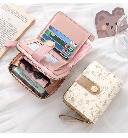 Cute Cat Coin Purse Women Fashion Short Wallet PU Leather Large Capacity Wallet Lightweight ID Card Holder Travel Cash Coin Bag