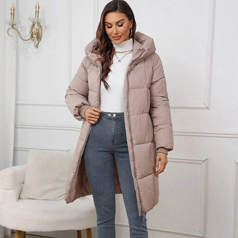 Winter Women's Long Coat Windproof Warm Padded-Cotton Coat Simple Loose Hooded Parkas Fashion Plaid Quilted Jackets for Woman