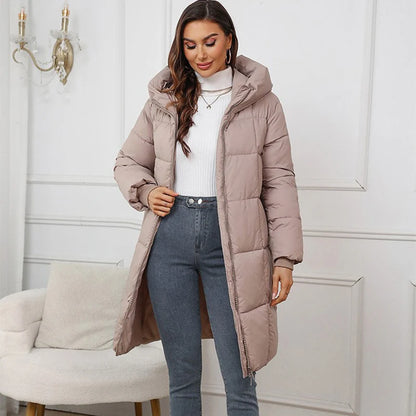 Winter Women's Long Coat Windproof Warm Padded-Cotton Coat Simple Loose Hooded Parkas Fashion Plaid Quilted Jackets for Woman