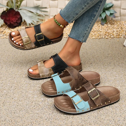 Women's Luxury Metal Buckle Decorated Slippers New Retro Thick-Soled Casual Shoes Summer Outdoor Vacation Beach Slippers Size43
