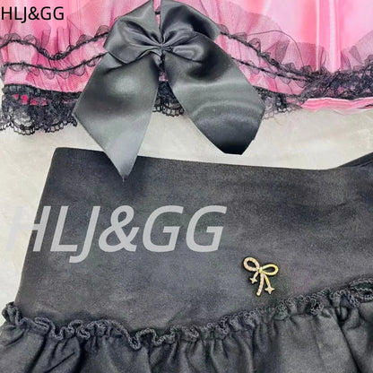 HLJ&GG Sexy Lace Splicing Corset Two Piece Sets Women Off Shoulder Sleevleess Top And Ruffle Mini Skirts Outfits Y2K Streetwear
