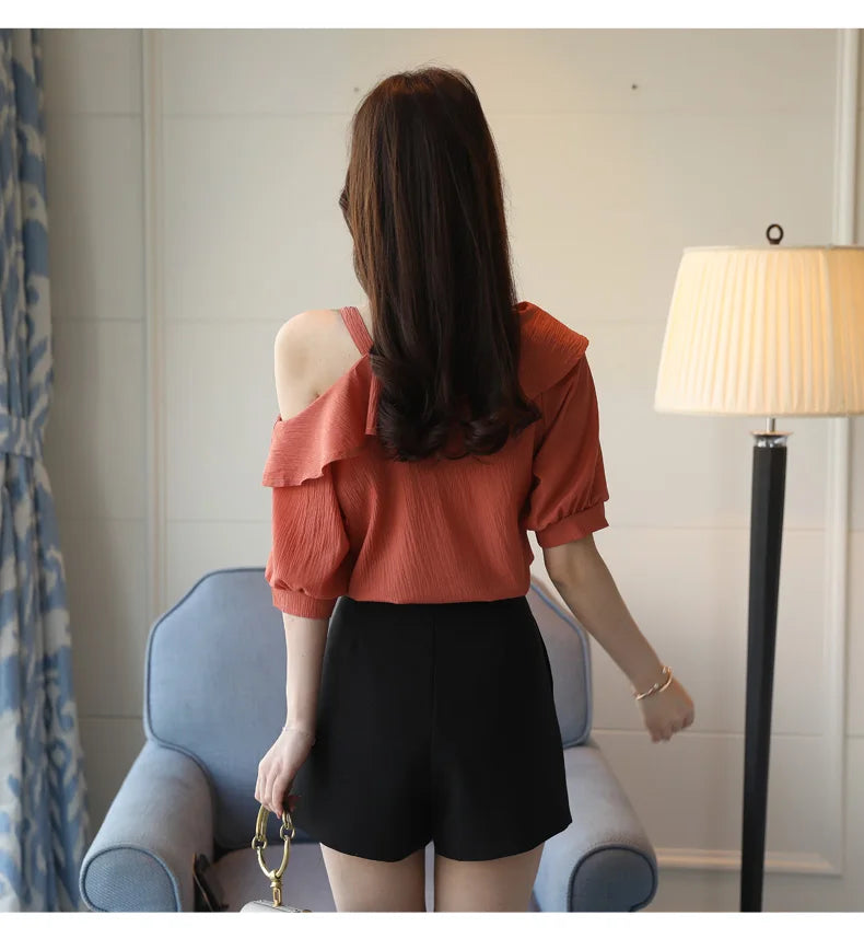 Women's Shirt Tops One-Shoulder Ruffles Short-sleeved Chiffon Blouse
