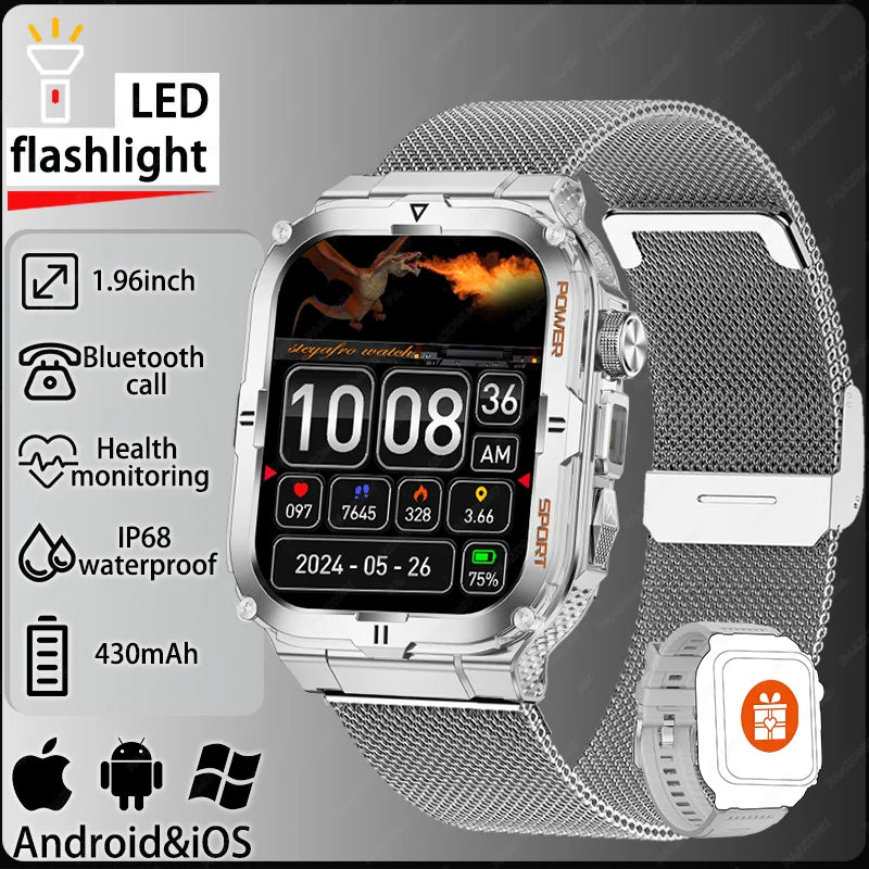 New Men's Smart Watch LED Flashlight waterproof Outdoor Sports Watch Health Monitoring Fitness tracker Suitable for IOS Android
