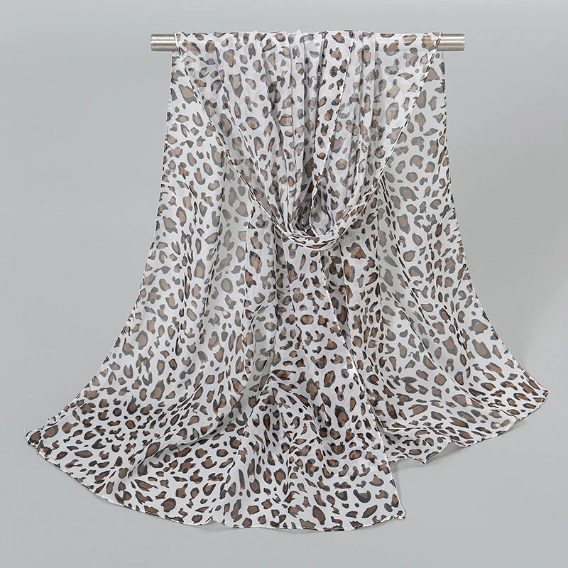Leopard Print Chiffon Scarf Shawl Women Sunscreen Silk Scarf Turban Long Wrap Beach Travel Outdoor Accessories Trendy Headband