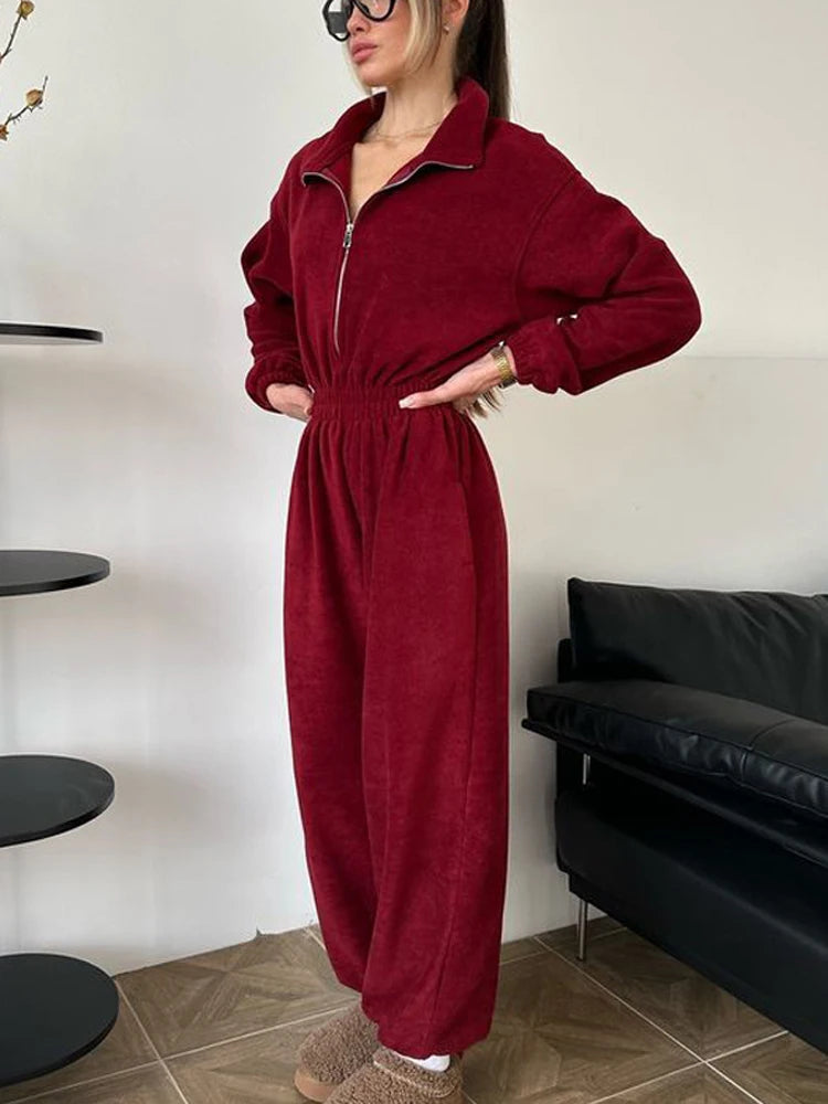 FSMG Casual Long Sleeve Half-Zip Sports Jumpsuits Women's Solid Loose Lapel Elastic Waist Tracksuits Comfy One-Piece Lounge Set