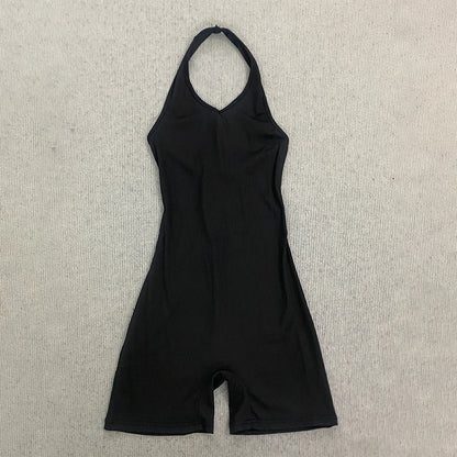 2026 New Arrival Women Black Halter Neck Romper, Deep V Neck Backless Short Jumpsuit, Y2K Sexy Bodycon Playsuit for Club Party