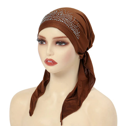Fashion Muslim Headscarf Hat for Women Thin Summer Inner Hijab Caps Solid Color Diamond Turban Bonnet India Headwrap