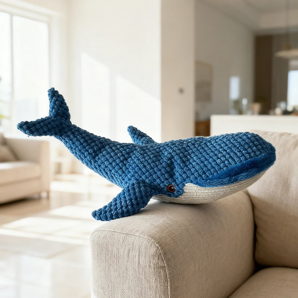 Pet Chew-Resistant Plush Interactive Toy with Sound, Whale-Shaped, Suitable for Large, Medium, and Small Pets Like Cats and Dogs, Double-Layer Fabric, Built-In Airbag