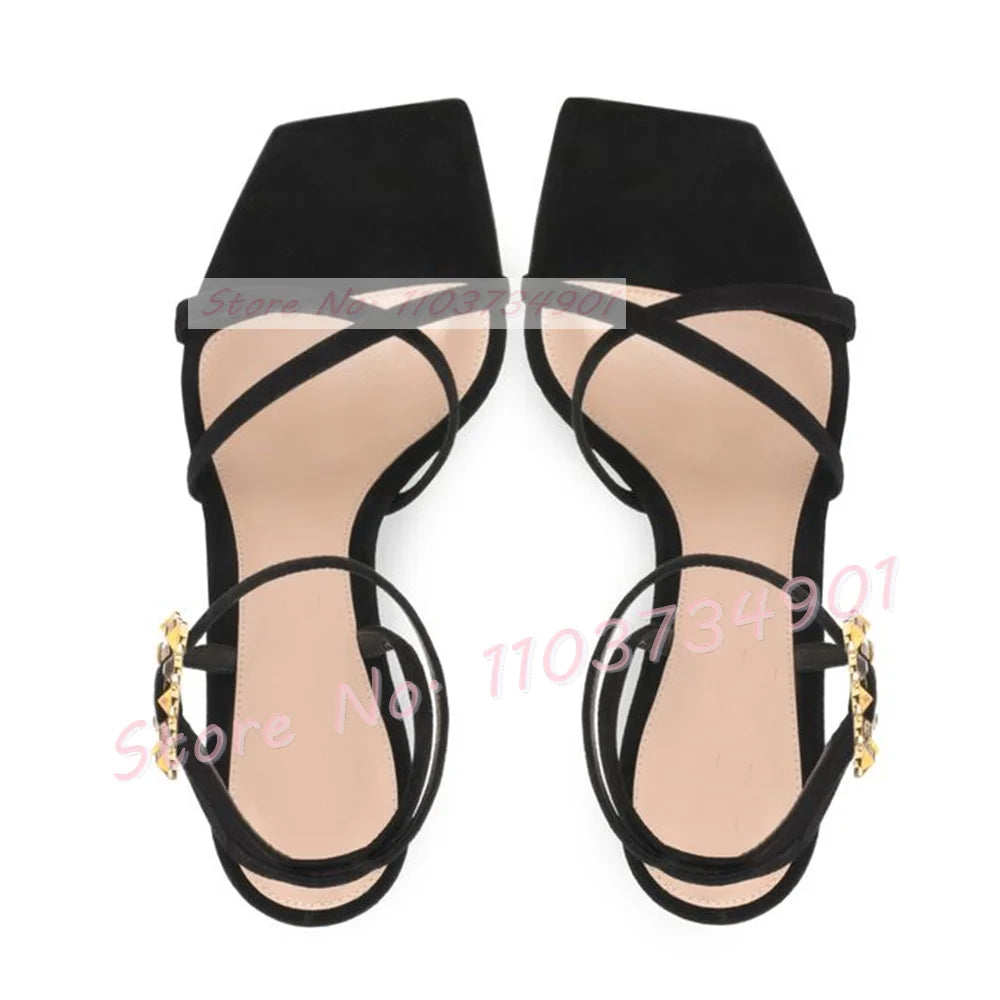 Metal Heels With Rivets Sandals Women Belt Buckle Square Toe Ankle Strap Stiletto Shoes Lady Sexy Luxury Party Elegant Sandals