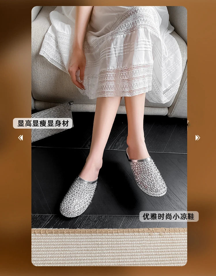 Summer Shoes for Women Slippers Luxury Rhinestone Rivets Casual Sandals Mesh Slip-on Loafers