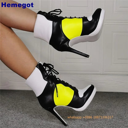 Sports Lace Up Women's Short Boots 2024 Thick Sole Round Toe Mixed Color Stilettos Autumn Winter New Street Style Casual Rock Bo