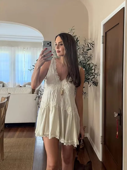 Women's A-Line Dress V-Neck Sleeveless Lace Trim Tiered Flared Casual Daily Wear Dress Stylish Ladies Frock