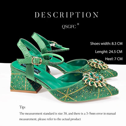 QueenaYan African Ladies Elegant Pointed Toe Shoes with shiny Metal Stand Bag Women Party Shoes or Commuting Shoes and Bag Set