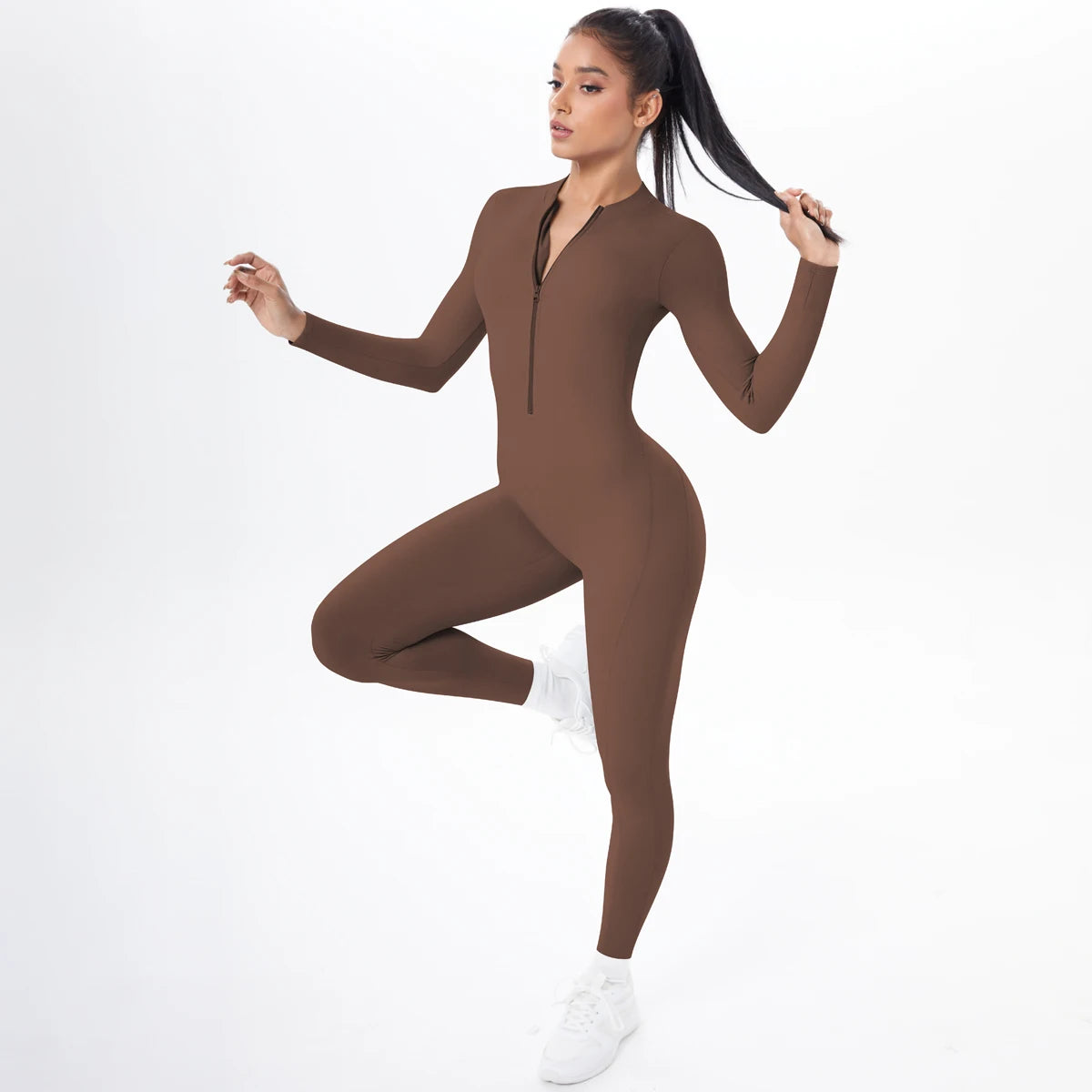 Solid Color Bodysuits for Woman's Backless Long Sleeved Zipper Yoga Jumpsuits High Dtrength Workout Sports Fitness Clothing Set