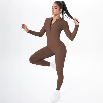 Solid Color Bodysuits for Woman's Backless Long Sleeved Zipper Yoga Jumpsuits High Dtrength Workout Sports Fitness Clothing Set
