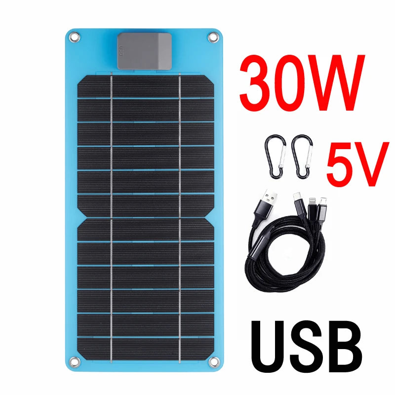 30W Portable Solar Panel USB Foldable Solar Charger Outdoor Battery Power Bank for Camping Hiking Travel Phone Charging 5V