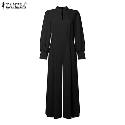 ZANZEA Fashion Women Jumpsuits 2026 Spring Overalls Pants Elegant OL Work Wide Leg Trousers V Neck Long Sleeve Romper Streetwear