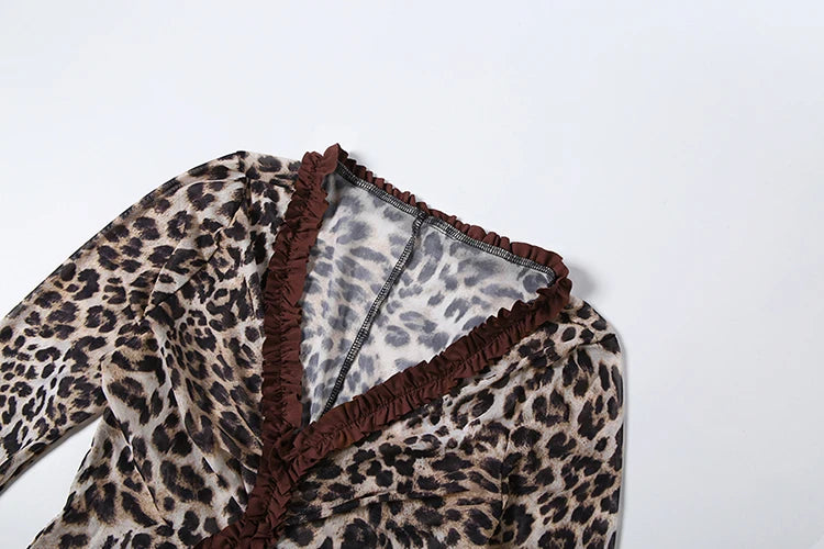 Weird Puss Leopard Print Romper Women See Through Sexy Hollow Deep v-Neck Ruffles Full Sleeve Clubwear Coquette Slim Playsuit