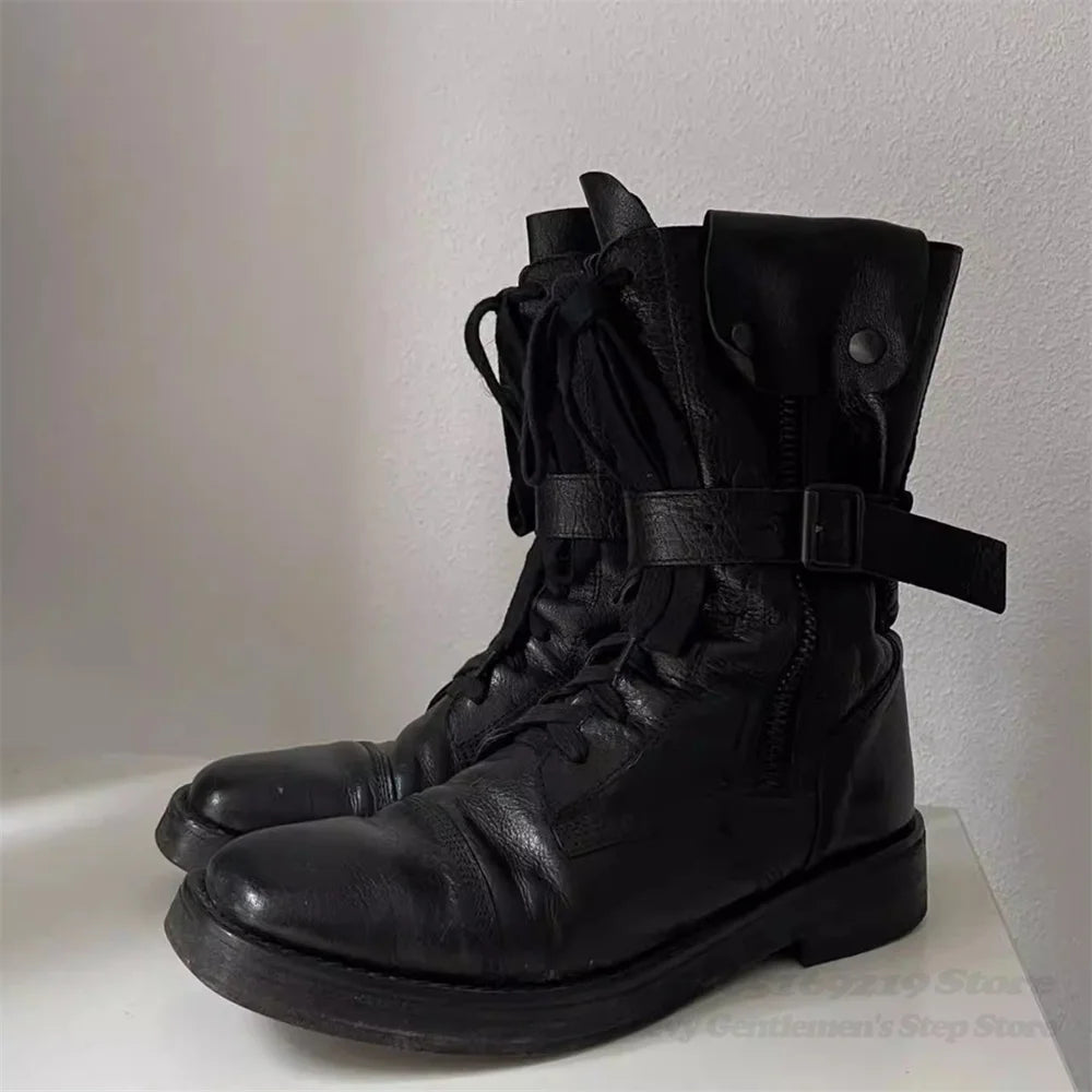 Retro Round Toe Black Leather Workwear Boots Men Rivets Belt Buckles Side Zipper Straps Punk Style Motorcycle Riding Boots
