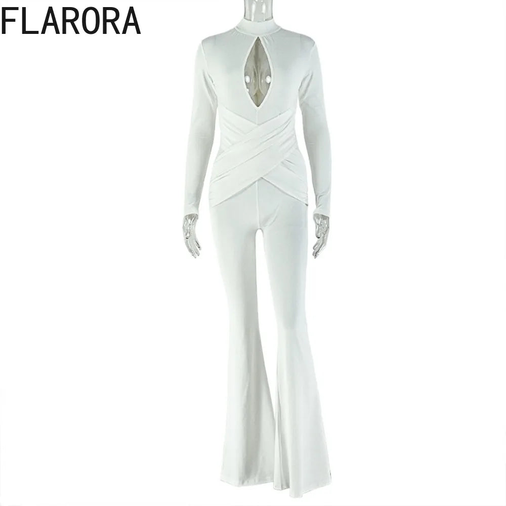 FLARORA Sexy Hollow Out Flared Jumpsuits Woman Turtleneck Full Sleeve Skinny Peach Hip Hot Girls Midnight Club Party Overalls