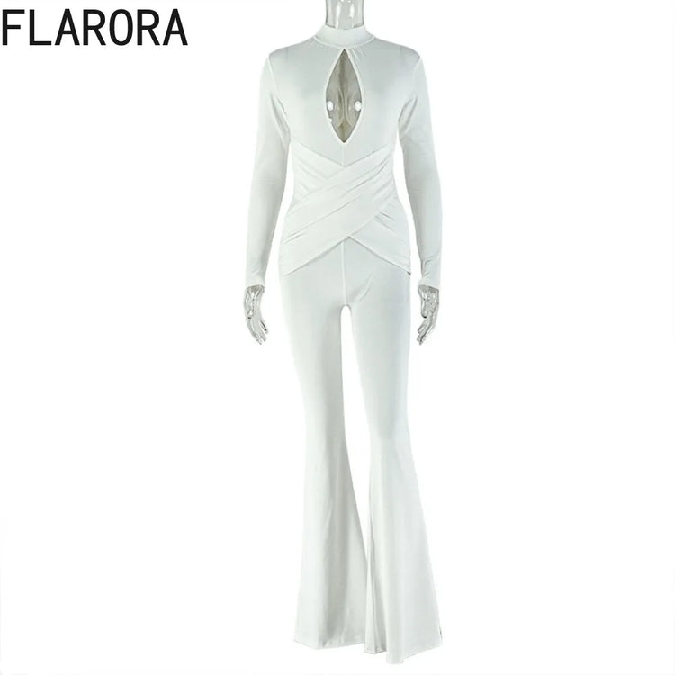 FLARORA Sexy Hollow Out Flared Jumpsuits Woman Turtleneck Full Sleeve Skinny Peach Hip Hot Girls Midnight Club Party Overalls