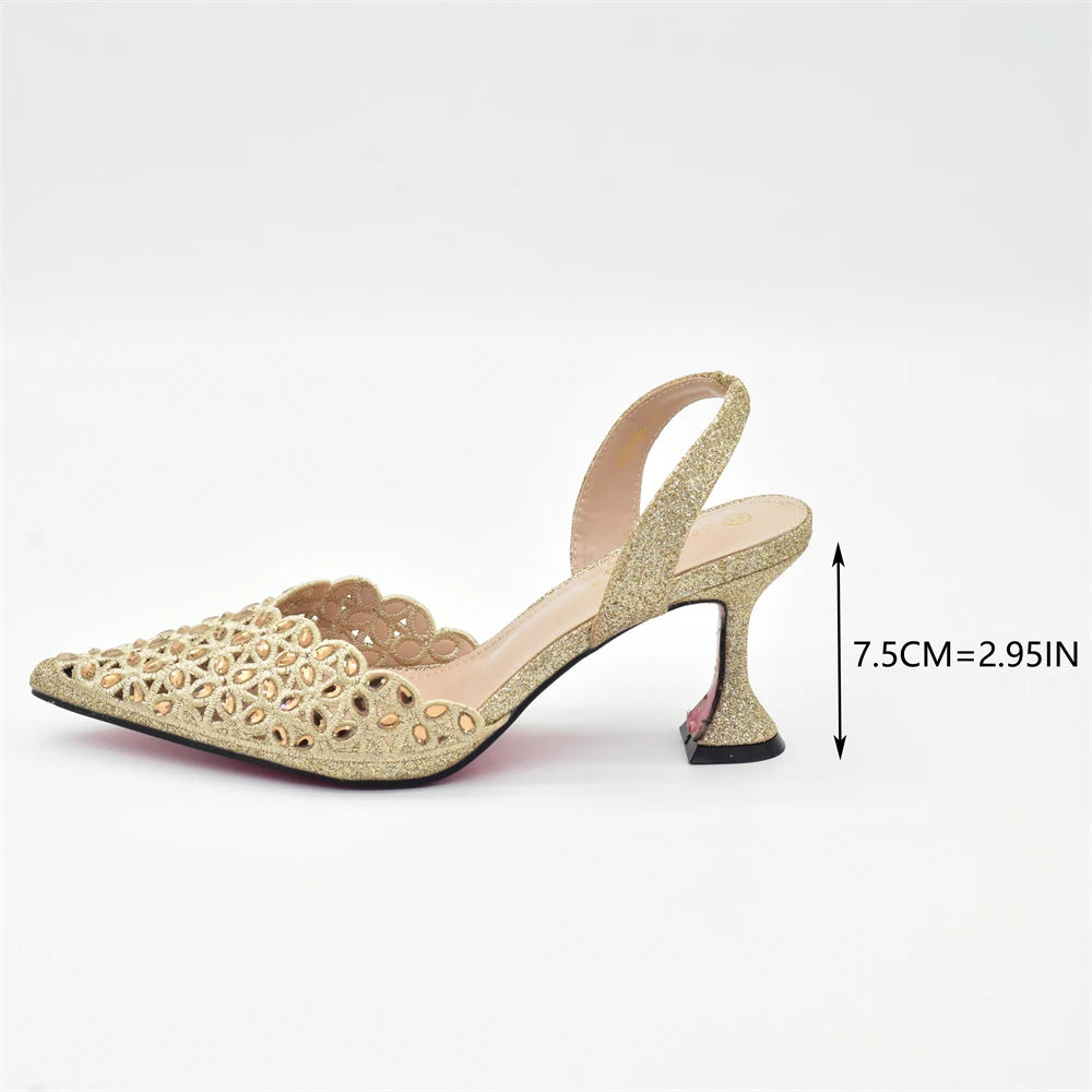 Gold Shoes and Bags Set for Women Ladies Shoe and Bag Set Latest Designers Pointed Toe Shoes Sexy Wedding Party Sandals