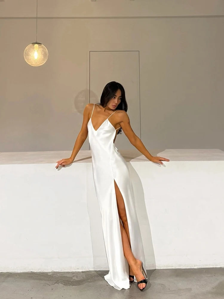 Luxury White Satin Backless Veatido Women Sexy Spaghetti Strap V-neck High Split Midi Dress Vacation Evening Party Beach Outfits