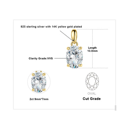 JewelryPalace Moissanite D Color 1ct 2ct Oval S925 Sterling Silver Pendant Necklace for Woman No Chain Yellow Rose Gold Plated