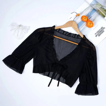 Spring, Summer, and Autumn Chiffon Lace Up Shirt, Shawl, Camisole, Thin Design, Sexy Solid Color, Loose Fit, Sweet Matching, Wed