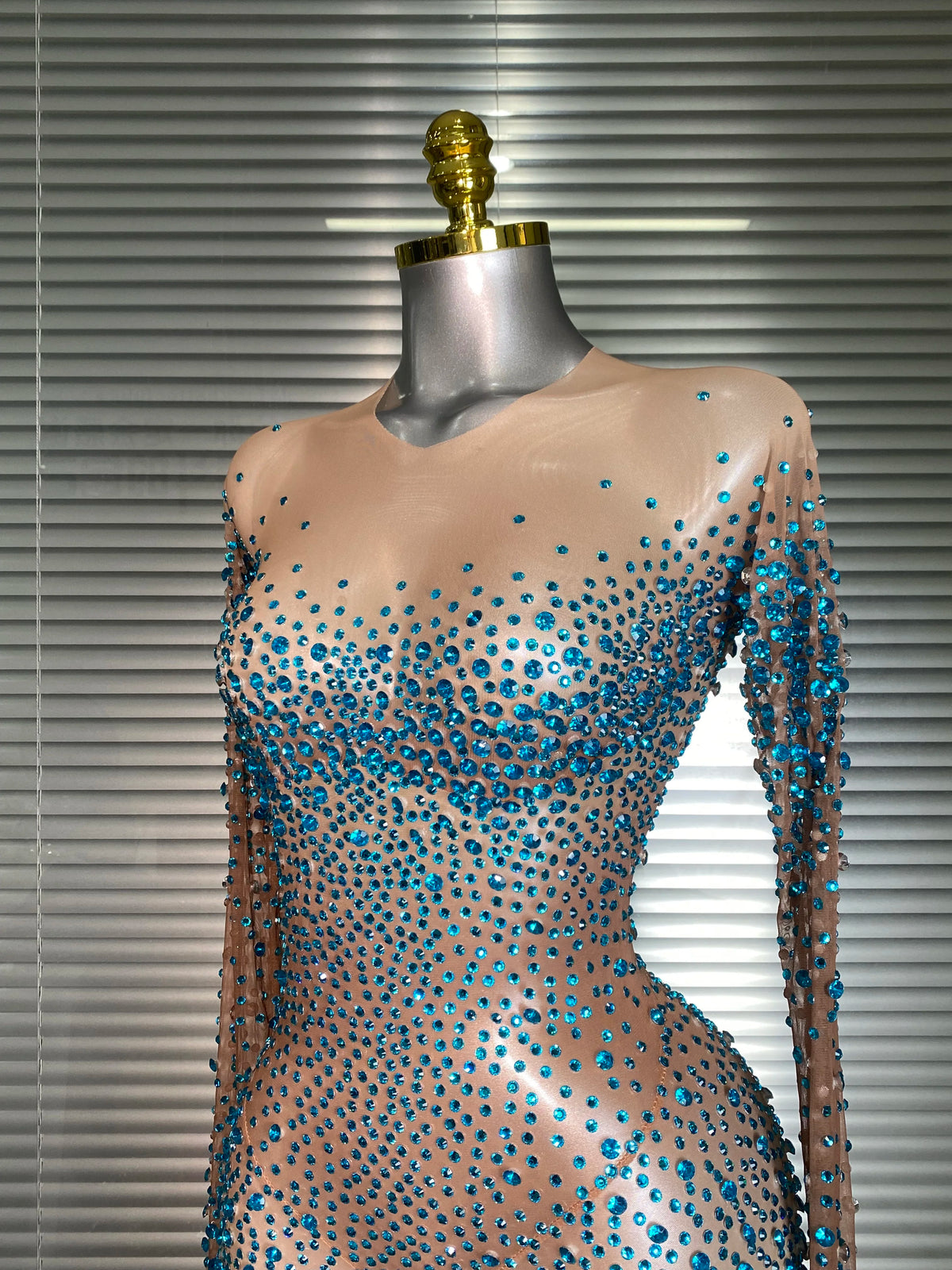 Women Sexy Crystal Sheer Blue Silver Skin Bodycon Jumpsuit Celebrity Designer Shinning Dancer Night Club Rompers Gloves