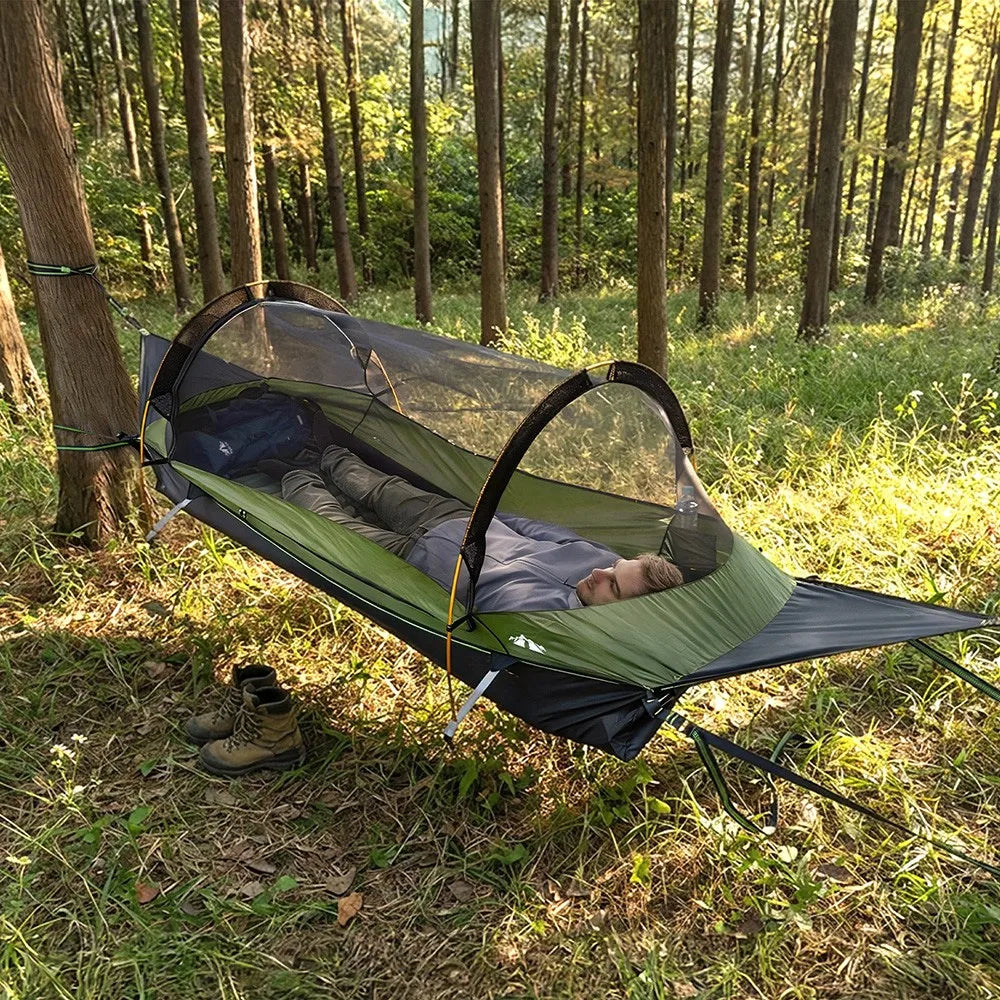 Night Cat Flat Lay Hammock Tent with Mosquito Net Sleeping Air Pad and Waterproof Rainfly for 1 Person Backpacking Hiking Camping Lightweight 330LBS 87x28x19in