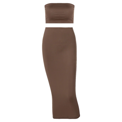 Hugcitar Women Elegant 2 Pcs Sets Strapless Sexy Tube Crop Tank Top Maxi Skirt 2025 Summer Women Casual Clothes Party Festival