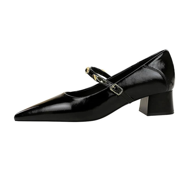 Women Korean Vintage Soft Split Cow Leather Pointed Pumps Simple Single Metal Buckle Strap Mid Chunky Heel Comfort Office Daily