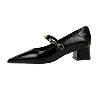 Women Korean Vintage Soft Split Cow Leather Pointed Pumps Simple Single Metal Buckle Strap Mid Chunky Heel Comfort Office Daily
