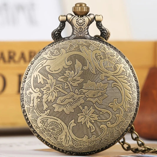 Antique Bronze Leaf Pattern Round Quartz Movement Pocket Watch,With 80CM Necklace Pendant ,Great Gift Watch for Women and Men