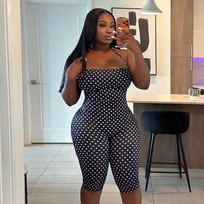 FAGADOER Sexy Polka Dot Halter Romper Fashion Print Backless Bodycon Jumpsuits Women Summer Streetwear Party Club Playsuits New