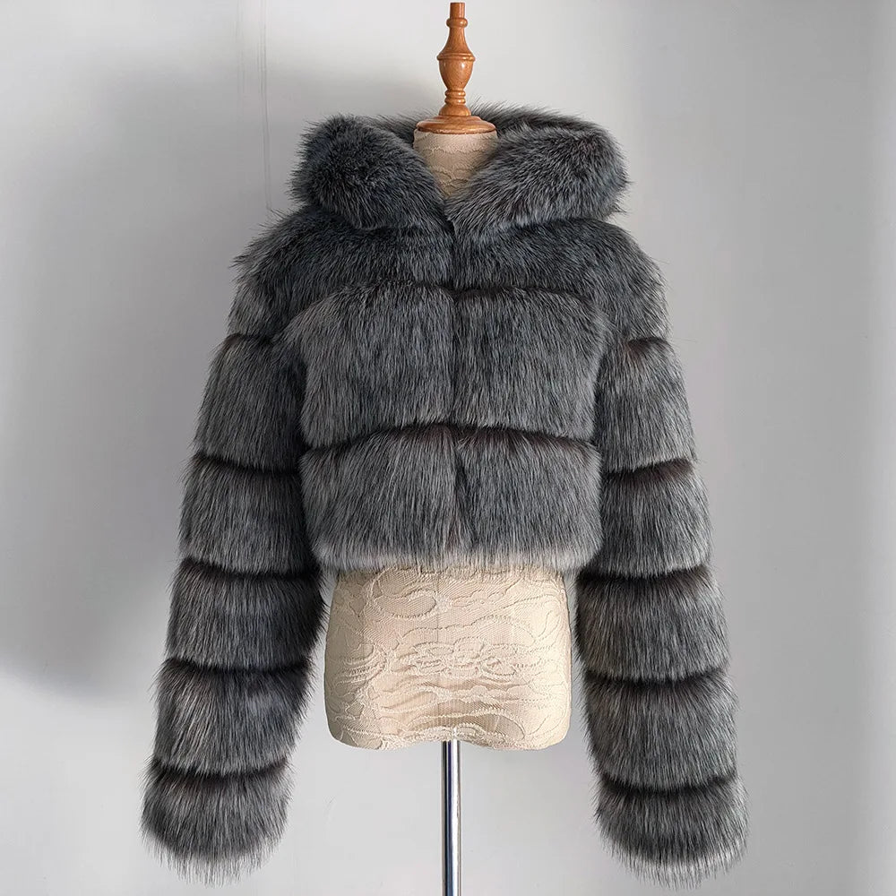 2026 Women Winter Plus Size Faux Fur Croped Coat Female Furry Hooded Long Sleeve Plush Jacket Lady Fake Fur Warm Fluffy Cardigan