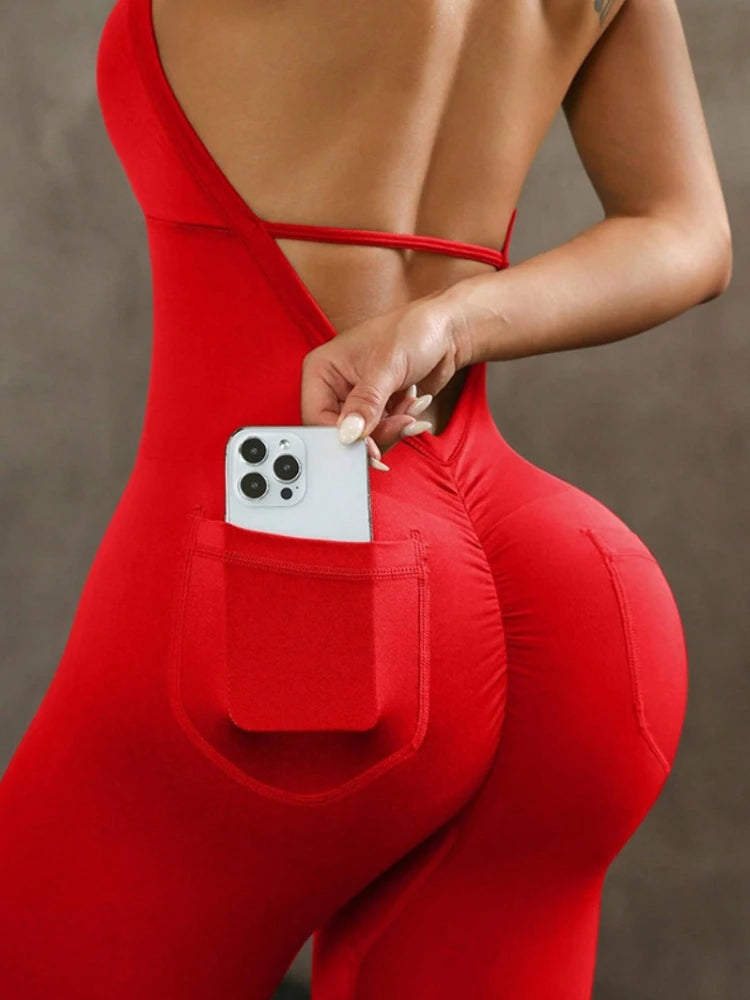 Women's Halter Neck Yoga Bodysuit with Pockets Sexy Backless Tight Tracksuit One Piece Overalls Gym Fitness Sports Jumpsuits
