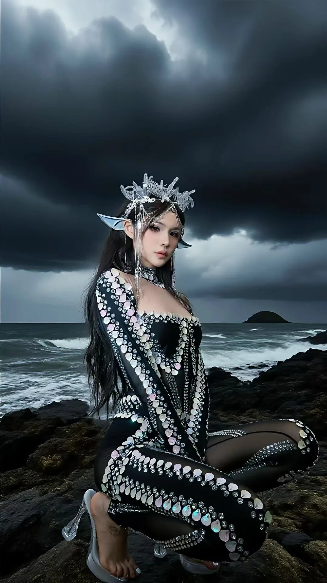 Women Special Occassion Dress Printed Sequines Rhinstones Bodycon Jumpsuits Y2k Party Evening Club Gothic Stage Costumes