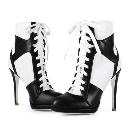 Women High Heel Black White Sports Ankle Boots Slim High Heel Lace Up High Top Sport Boots Plus Size 43