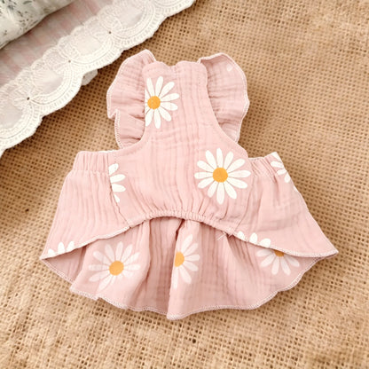 Daisy Print Pet Harness Dress Ruffle Straps Big Sheer Bow D Ring Traction Skirt Summer Thin Clothes for Small Dogs Cats