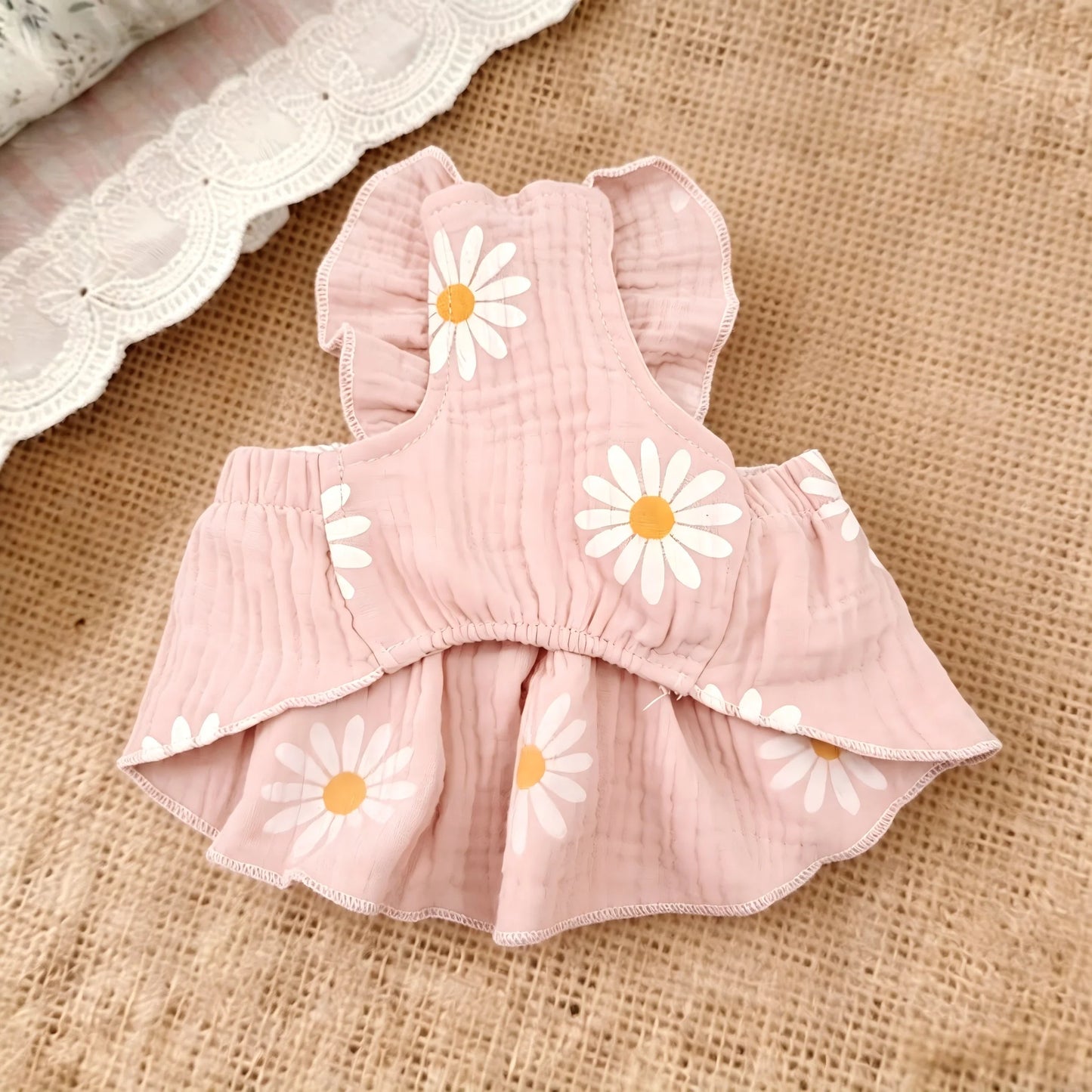 Daisy Print Pet Harness Dress Ruffle Straps Big Sheer Bow D Ring Traction Skirt Summer Thin Clothes for Small Dogs Cats