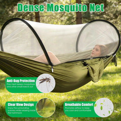 3-in-1 Camping Hammock with Automatic Pop-Up Mosquito Net, Lightweight 70D Nylon Portable Hammock Supports 440lbs, Dual Zipper Outdoor Hammock for Camping Hiking Backpacking Beach Backyard