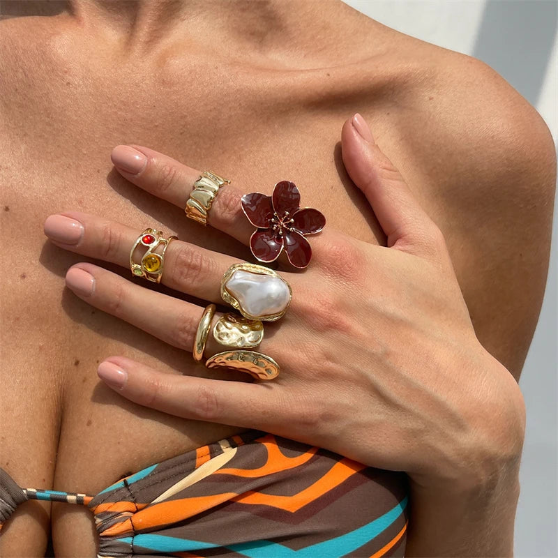 8Pcs/Set Vintage Pink Metal Flower Ring Set for Women Punk Elegant Baroque Pearl Knuckle Joint Ring Party Daily Wear Jewelry