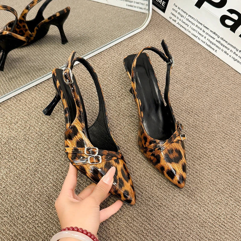 Women's Sandals Leopard Sexy High Heels Shoes Pointed Toe Luxury Pumps Slippers Woman Brand Dress Buckle Ladies De Flip Flops
