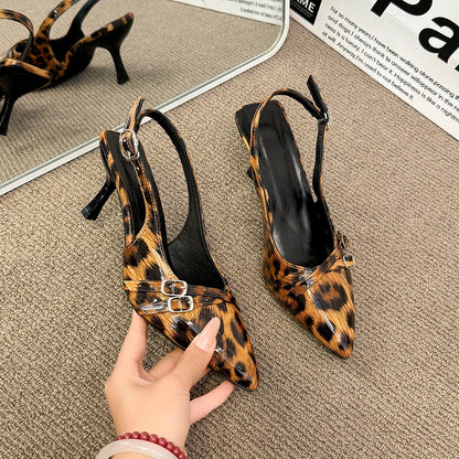 Women's Sandals Leopard Sexy High Heels Shoes Pointed Toe Luxury Pumps Slippers Woman Brand Dress Buckle Ladies De Flip Flops