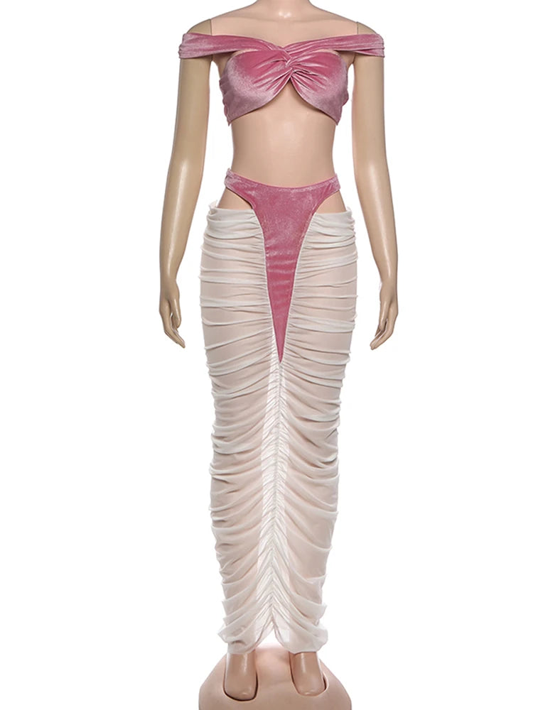 Kliou Sexy Fashion 2 Piece Set Woman Velvet Cross Kink Tank Tops+Hollow Design Ruched Long Skirts Club Party Coquette Outfits