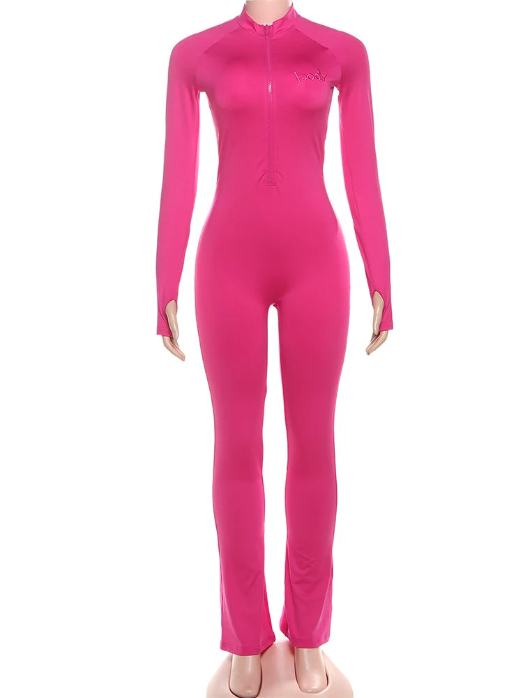 Weird Puss Basic Flared Jumpsuit Women Zip Letter Embroidery Full Sleeve Coquette Stretch Skinny Midnight Party Workout Overalls