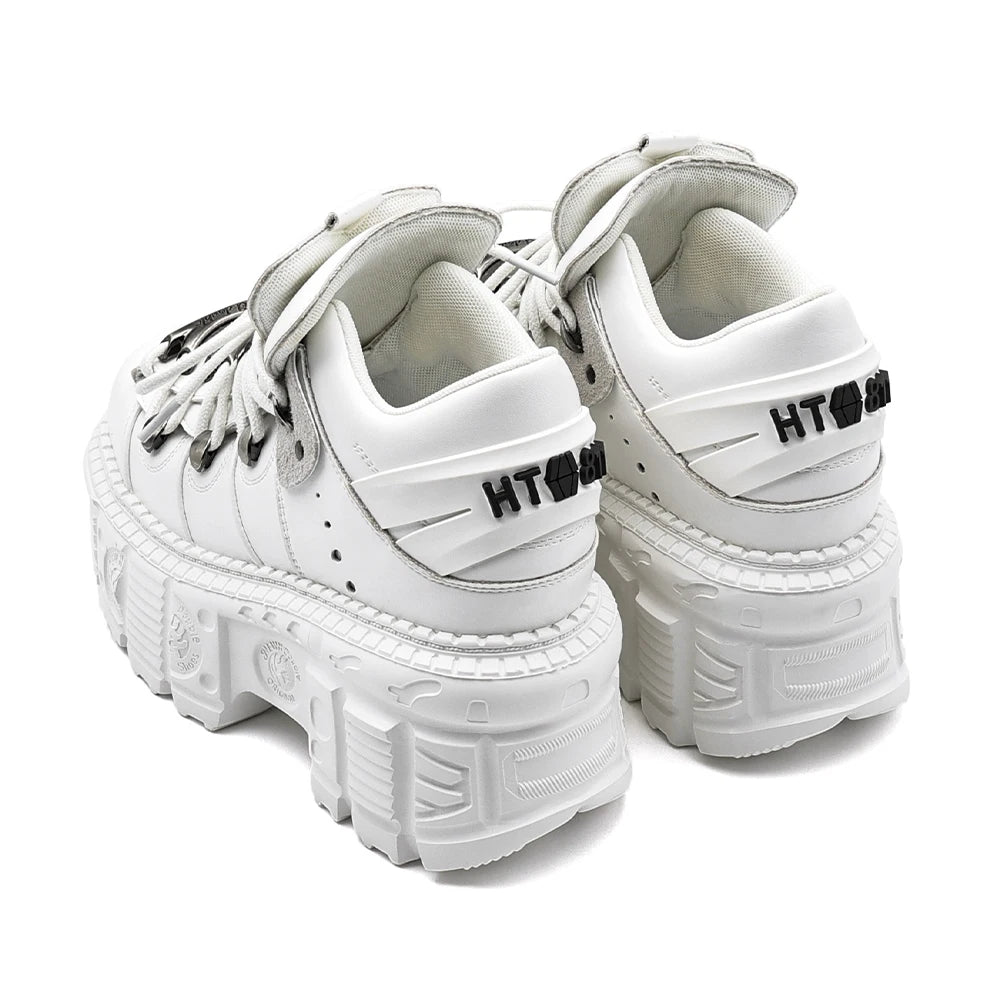 Gothic Ankle Rock Boots Women Shoes White Leather Platform New Punk Style Lace-up Heel Height Shoes Metal Decor Woman Sneakers